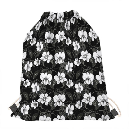 Black And White Cattleya Pattern Print Drawstring Bag