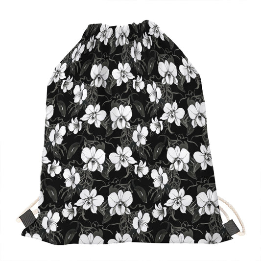 Black And White Cattleya Pattern Print Drawstring Bag