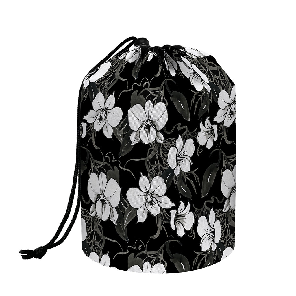 Black And White Cattleya Pattern Print Drawstring Makeup Bag