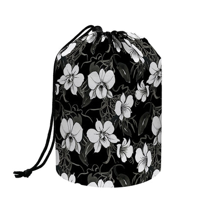 Black And White Cattleya Pattern Print Drawstring Makeup Bag