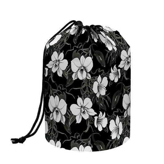 Black And White Cattleya Pattern Print Drawstring Makeup Bag