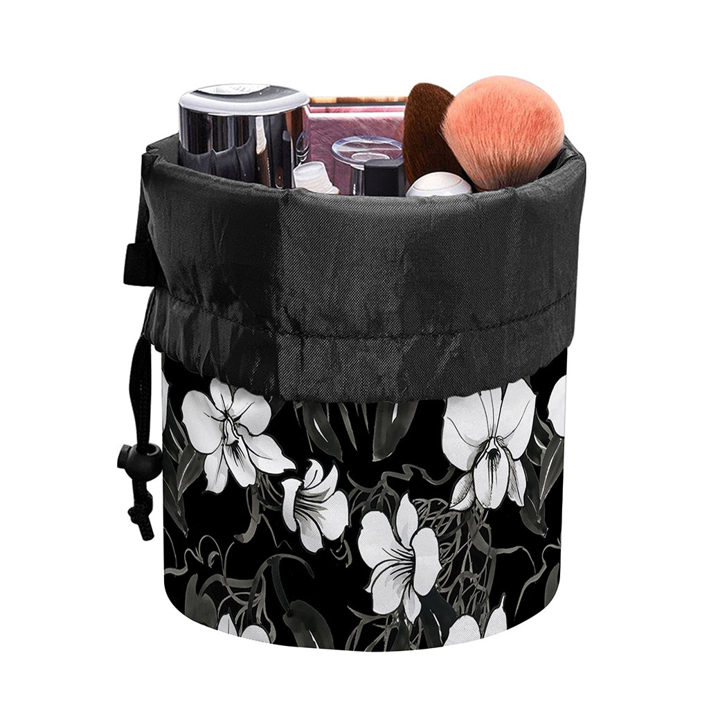Black And White Cattleya Pattern Print Drawstring Makeup Bag
