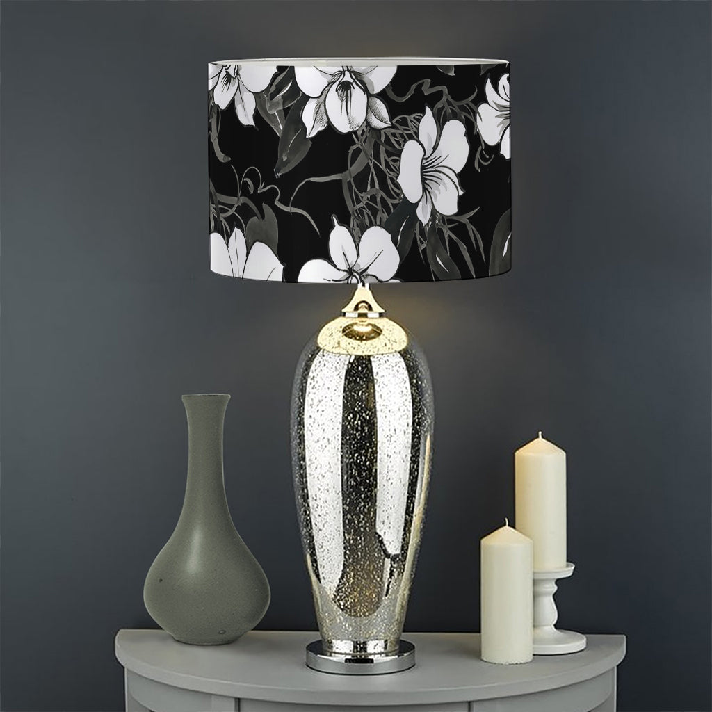 Black And White Cattleya Pattern Print Drum Lamp Shade