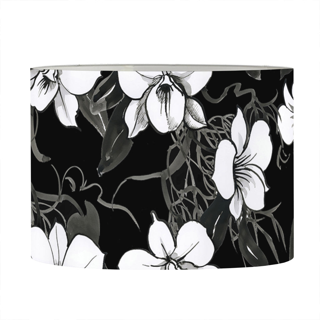Black And White Cattleya Pattern Print Drum Lamp Shade