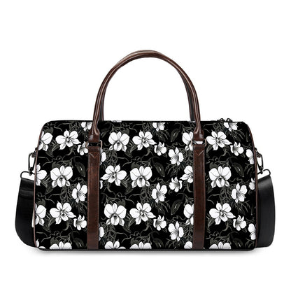 Black And White Cattleya Pattern Print Duffle Bag