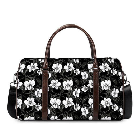 Black And White Cattleya Pattern Print Duffle Bag