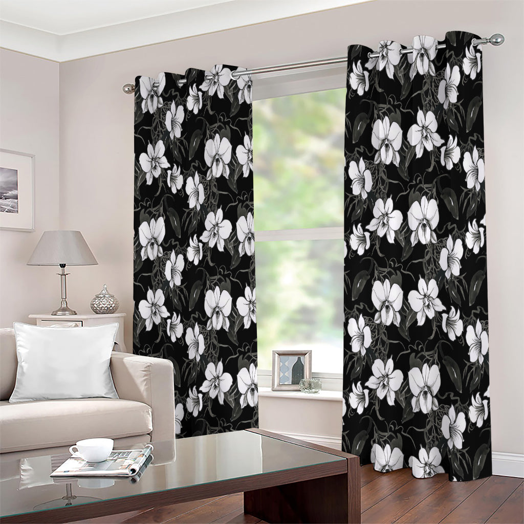 Black And White Cattleya Pattern Print Extra Wide Grommet Curtains