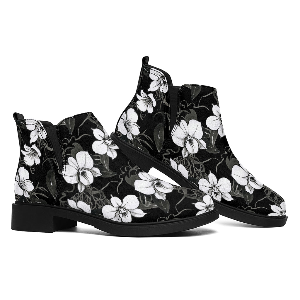 Black And White Cattleya Pattern Print Flat Ankle Boots