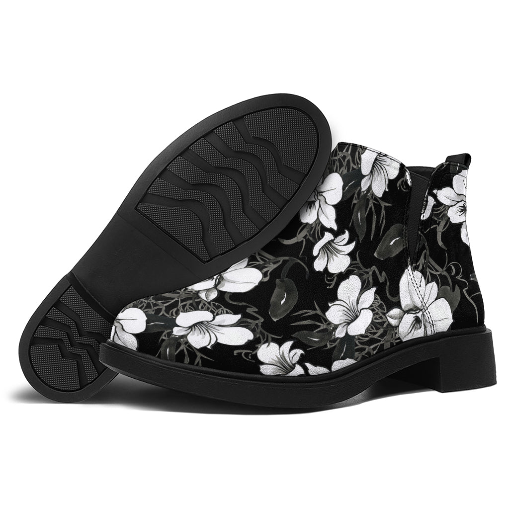 Black And White Cattleya Pattern Print Flat Ankle Boots