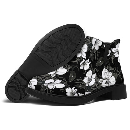 Black And White Cattleya Pattern Print Flat Ankle Boots