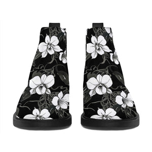 Black And White Cattleya Pattern Print Flat Ankle Boots