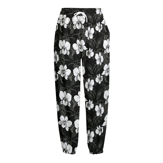 Black And White Cattleya Pattern Print Fleece Lined Knit Pants