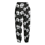 Black And White Cattleya Pattern Print Fleece Lined Knit Pants