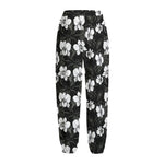 Black And White Cattleya Pattern Print Fleece Lined Knit Pants