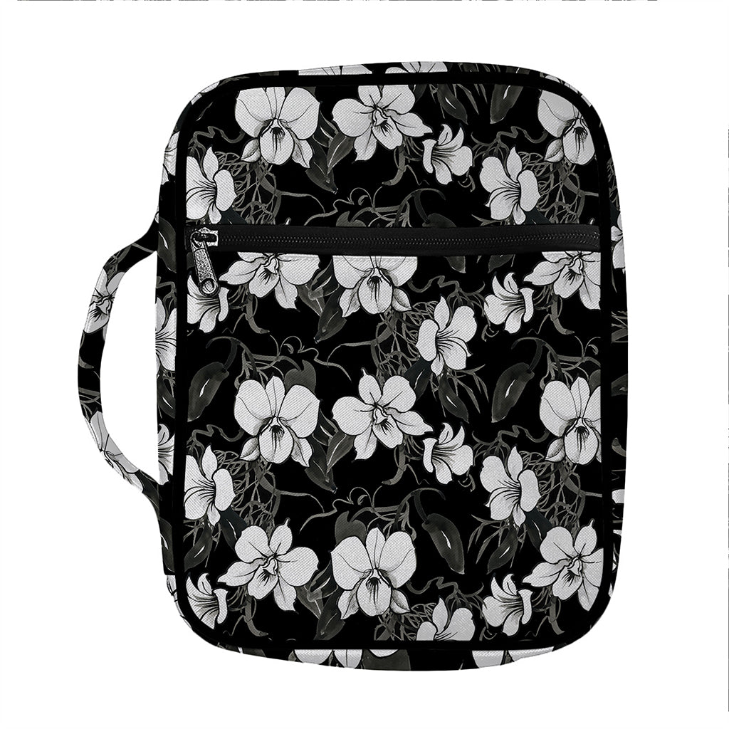 Black And White Cattleya Pattern Print Front Pocket Bible Bag