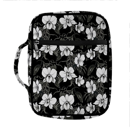 Black And White Cattleya Pattern Print Front Pocket Bible Bag