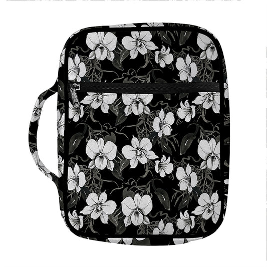 Black And White Cattleya Pattern Print Front Pocket Bible Bag
