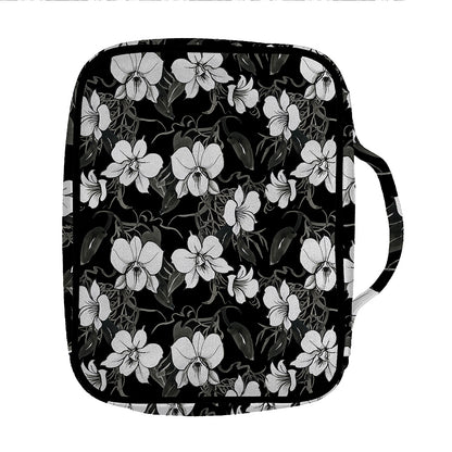Black And White Cattleya Pattern Print Front Pocket Bible Bag