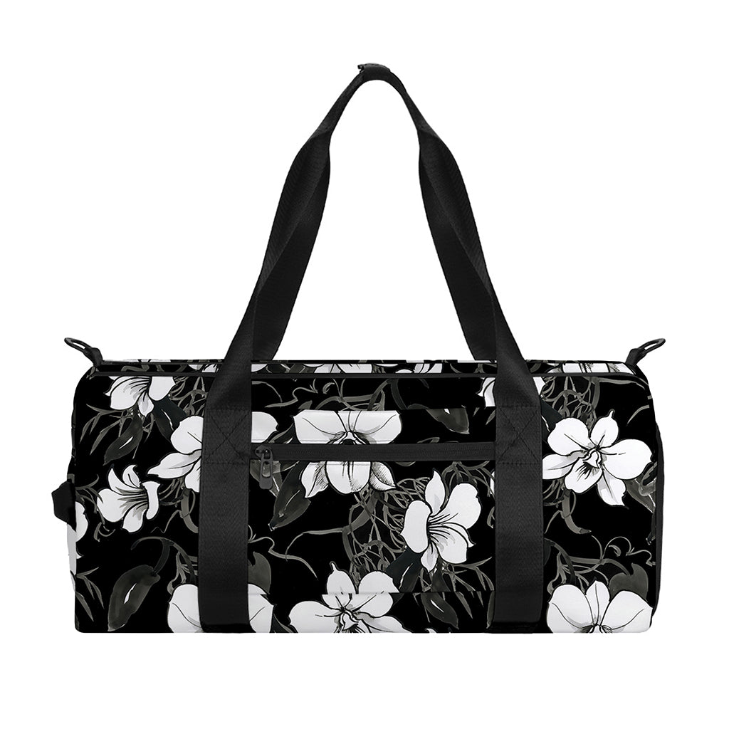 Black And White Cattleya Pattern Print Gym Bag