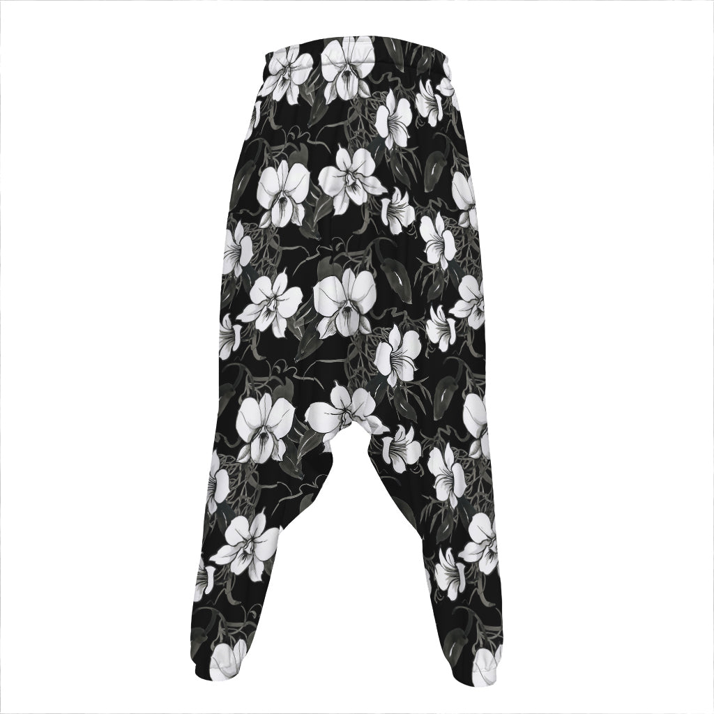 Black And White Cattleya Pattern Print Hammer Pants