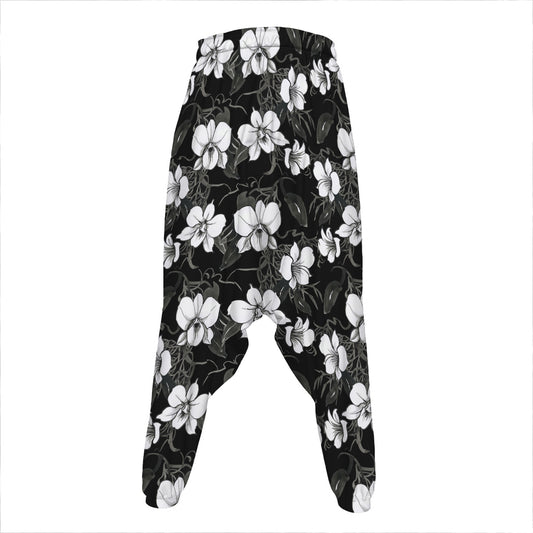Black And White Cattleya Pattern Print Hammer Pants