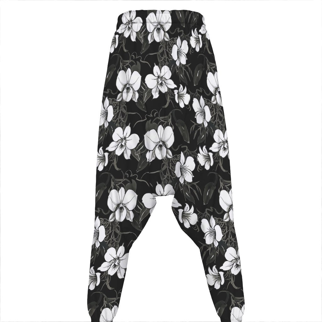 Black And White Cattleya Pattern Print Hammer Pants