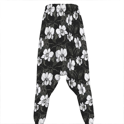 Black And White Cattleya Pattern Print Hammer Pants
