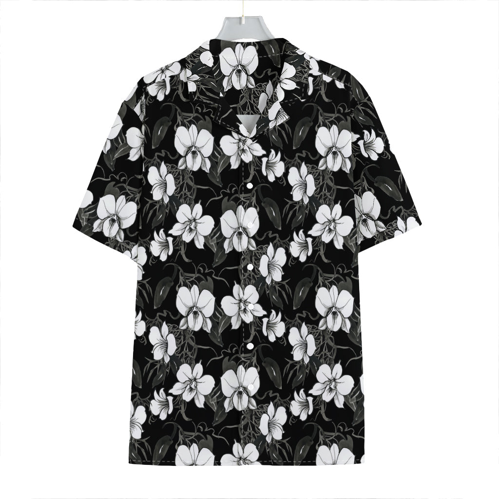 Black And White Cattleya Pattern Print Hawaiian Shirt