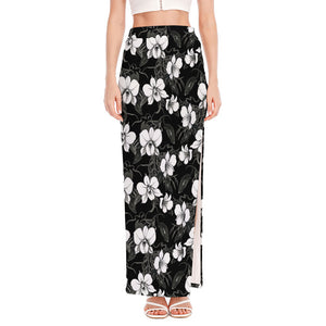 Black And White Cattleya Pattern Print High Slit Maxi Skirt