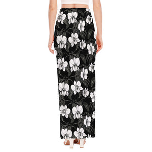 Black And White Cattleya Pattern Print High Slit Maxi Skirt