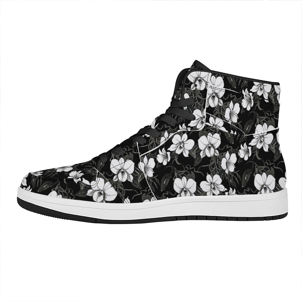 Black And White Cattleya Pattern Print High Top Leather Sneakers
