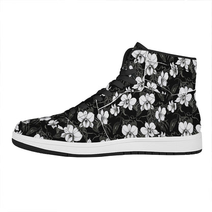 Black And White Cattleya Pattern Print High Top Leather Sneakers