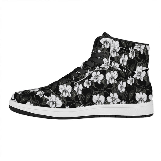 Black And White Cattleya Pattern Print High Top Leather Sneakers