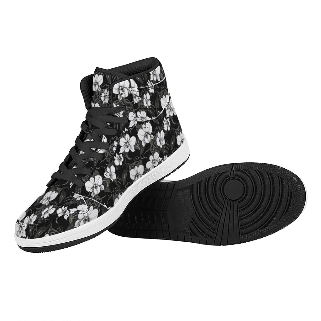 Black And White Cattleya Pattern Print High Top Leather Sneakers