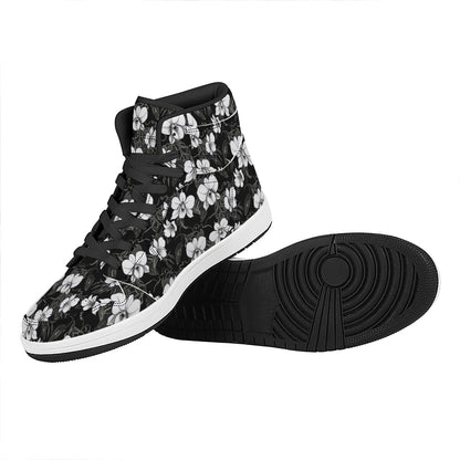 Black And White Cattleya Pattern Print High Top Leather Sneakers