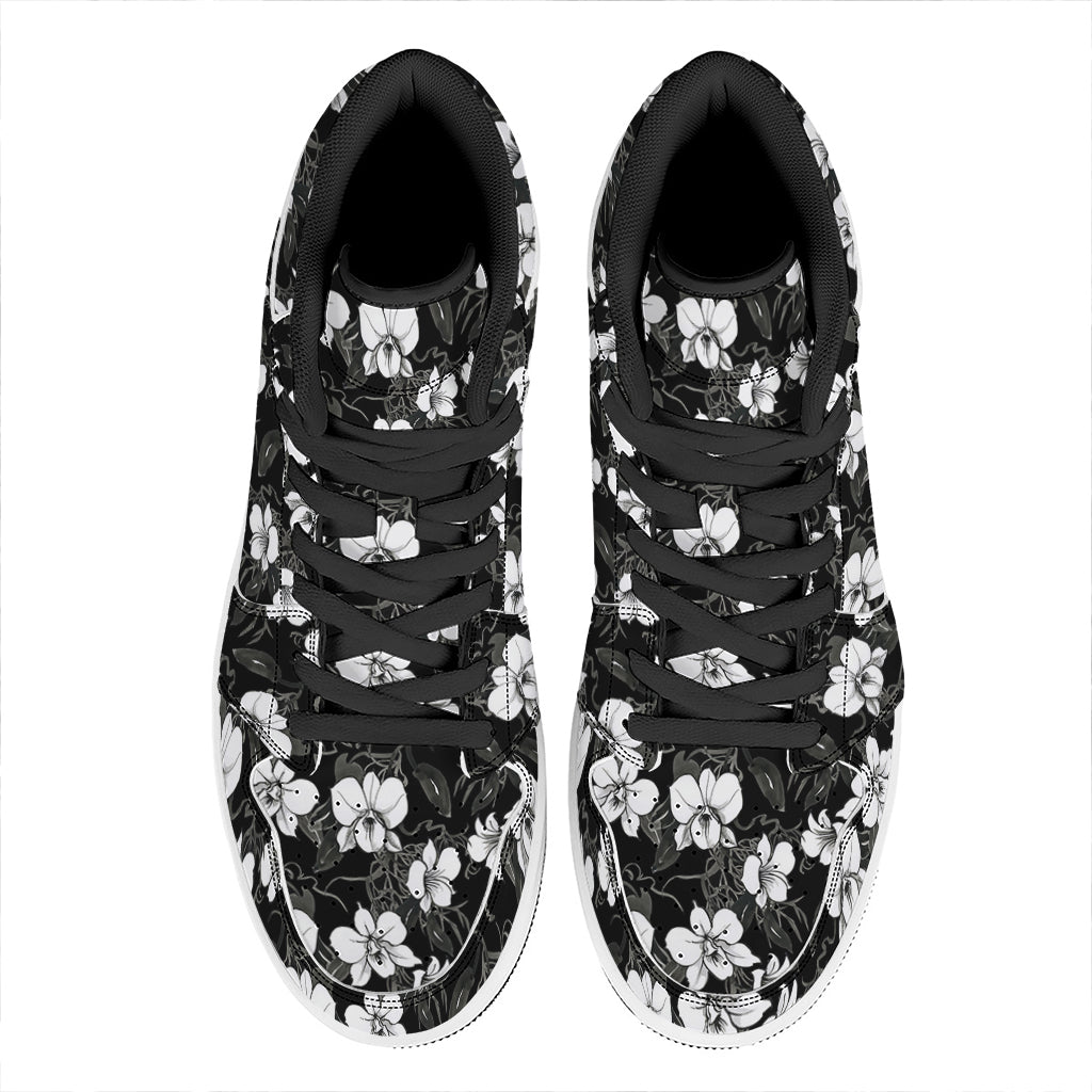Black And White Cattleya Pattern Print High Top Leather Sneakers