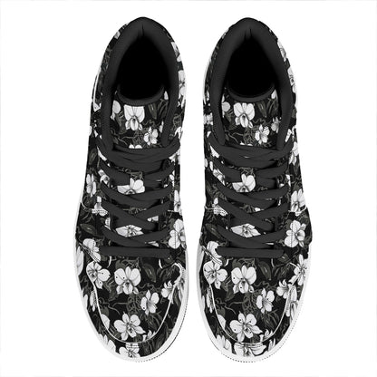 Black And White Cattleya Pattern Print High Top Leather Sneakers