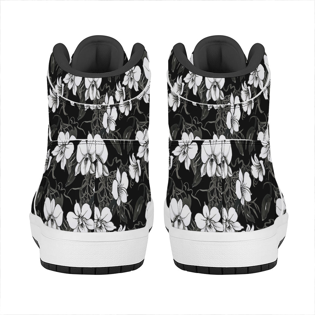 Black And White Cattleya Pattern Print High Top Leather Sneakers