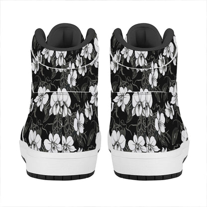 Black And White Cattleya Pattern Print High Top Leather Sneakers