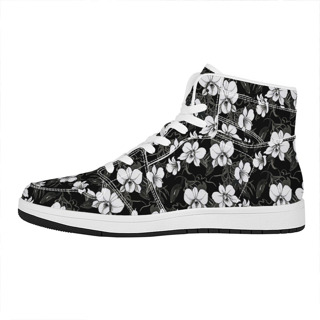 Black And White Cattleya Pattern Print High Top Leather Sneakers