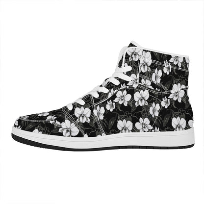Black And White Cattleya Pattern Print High Top Leather Sneakers