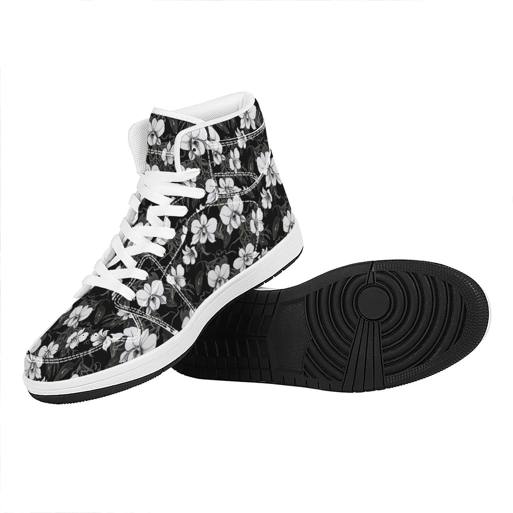Black And White Cattleya Pattern Print High Top Leather Sneakers