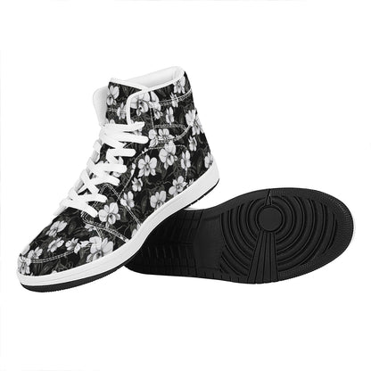 Black And White Cattleya Pattern Print High Top Leather Sneakers