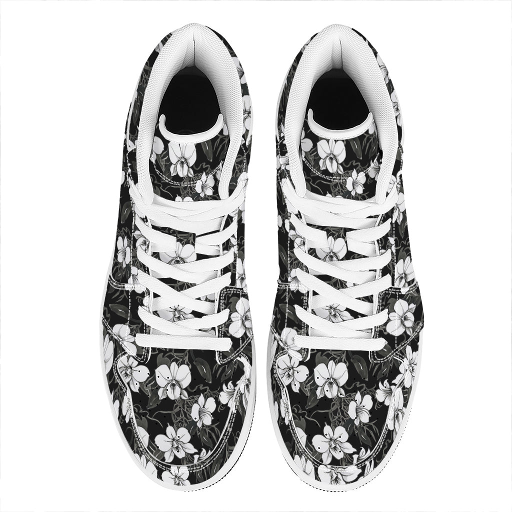 Black And White Cattleya Pattern Print High Top Leather Sneakers