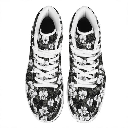 Black And White Cattleya Pattern Print High Top Leather Sneakers