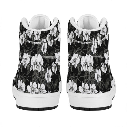 Black And White Cattleya Pattern Print High Top Leather Sneakers