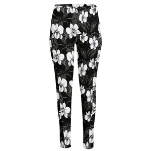 Black And White Cattleya Pattern Print High-Waisted Pocket Leggings