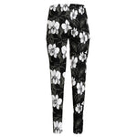 Black And White Cattleya Pattern Print High-Waisted Pocket Leggings