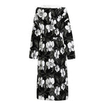Black And White Cattleya Pattern Print Hooded Bathrobe
