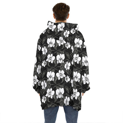 Black And White Cattleya Pattern Print Hoodie Blanket